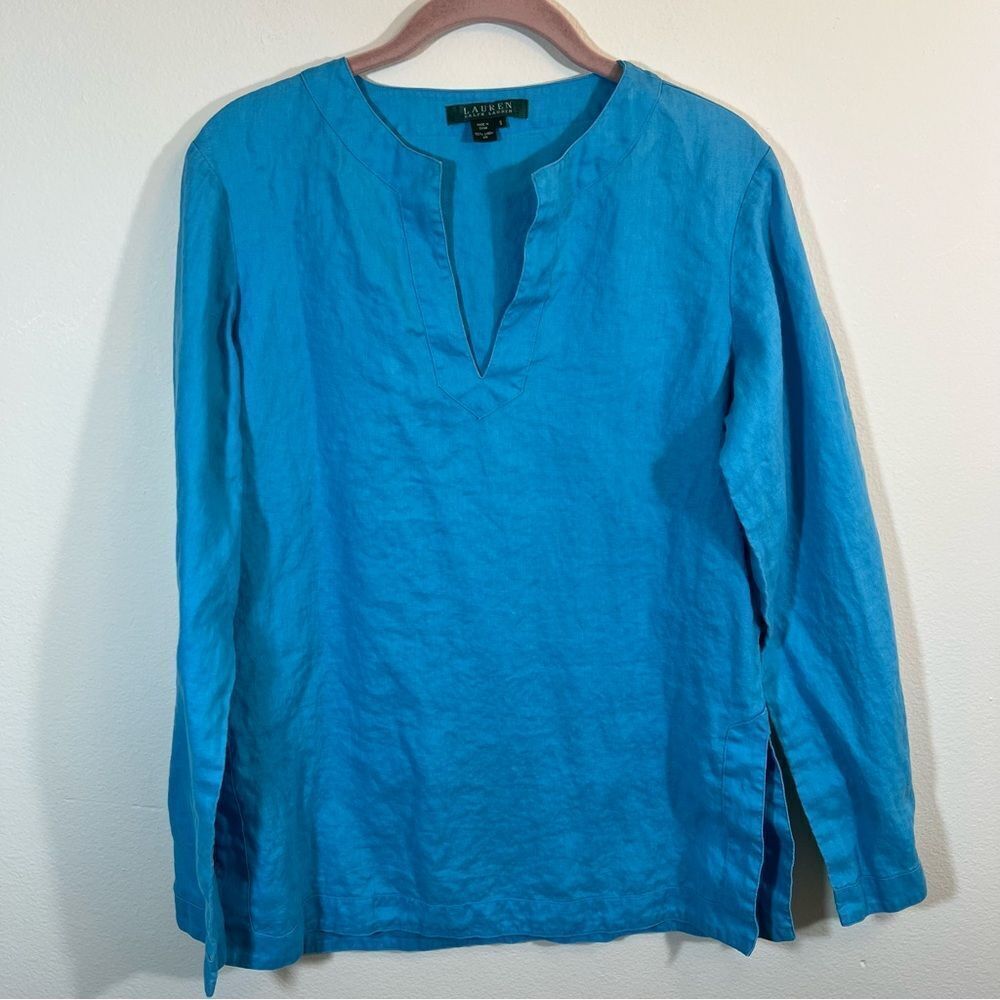 Lauren Ralph‎ Lauren Women’s Blue 100% Linen Top Small